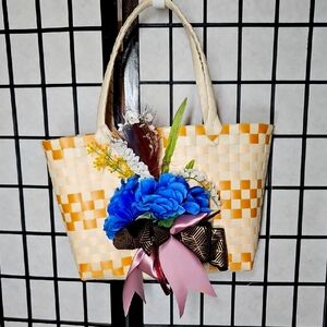 Elegant Woven Tote with Blue Floral Accent